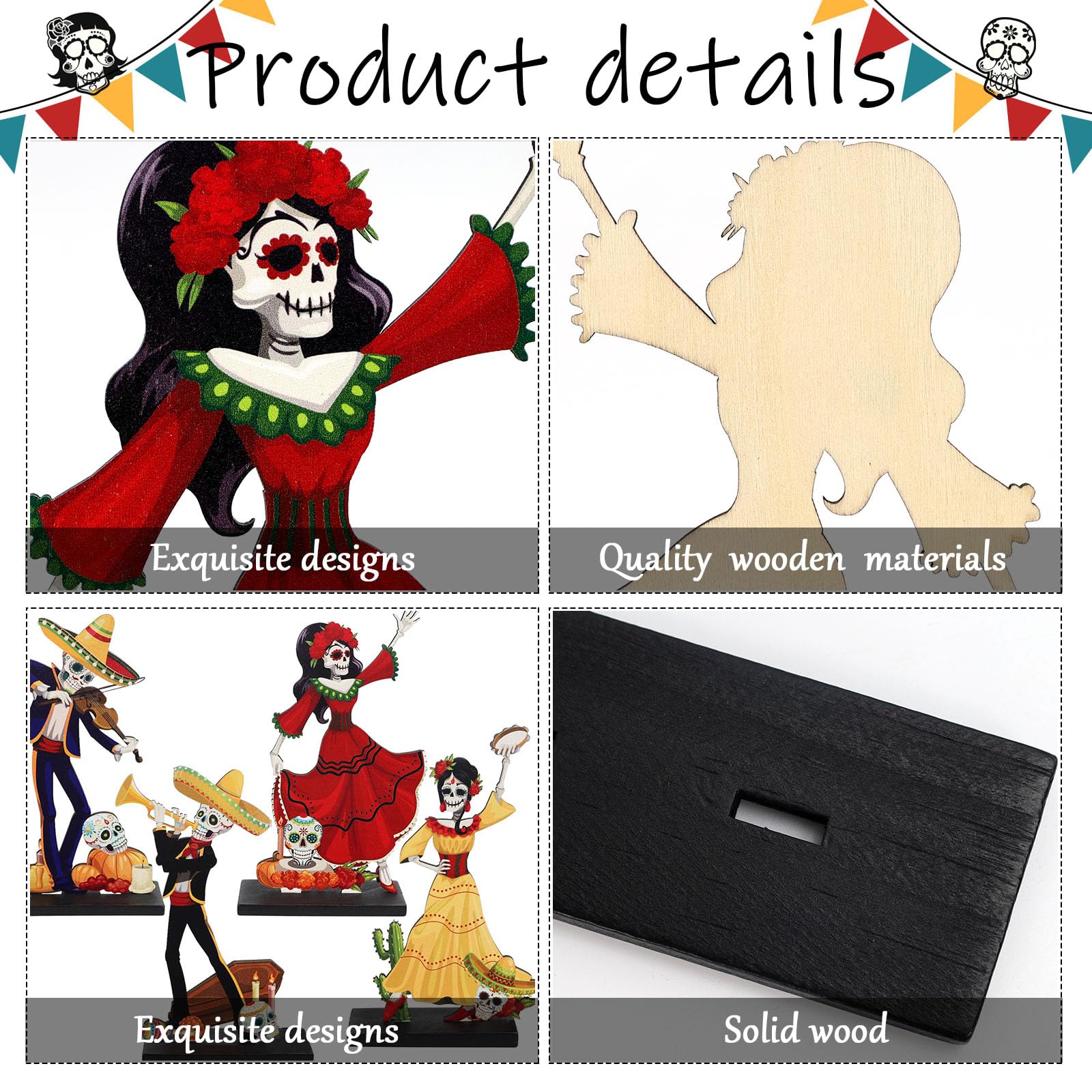Strdfeve 4 Pieces Day of The Dead Table Top Decorations Wooden Halloween Sign for Mexican Fiesta Decorations,Dia De Los Muertos Centerpieces for Table