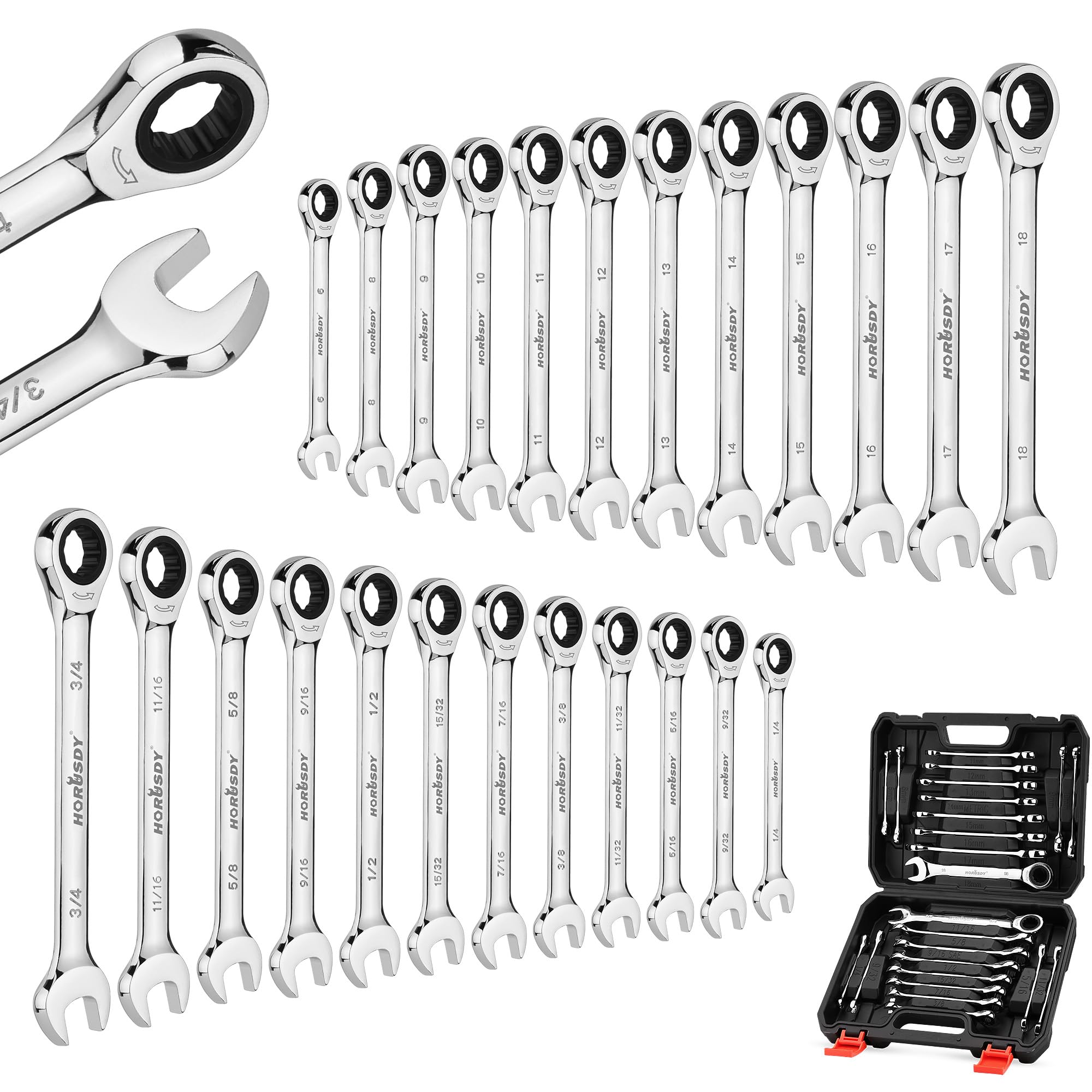 Photo 1 of HORUSDY 24-Piece Ratcheting Wrench Set | Metric and SAE | Ratchet Combination Wrenches Set with Organizer | 72-Tooth | Chrome Vanadium Steel | 6-18 mm & 1/4” to 3/4“ (24-Piece)
