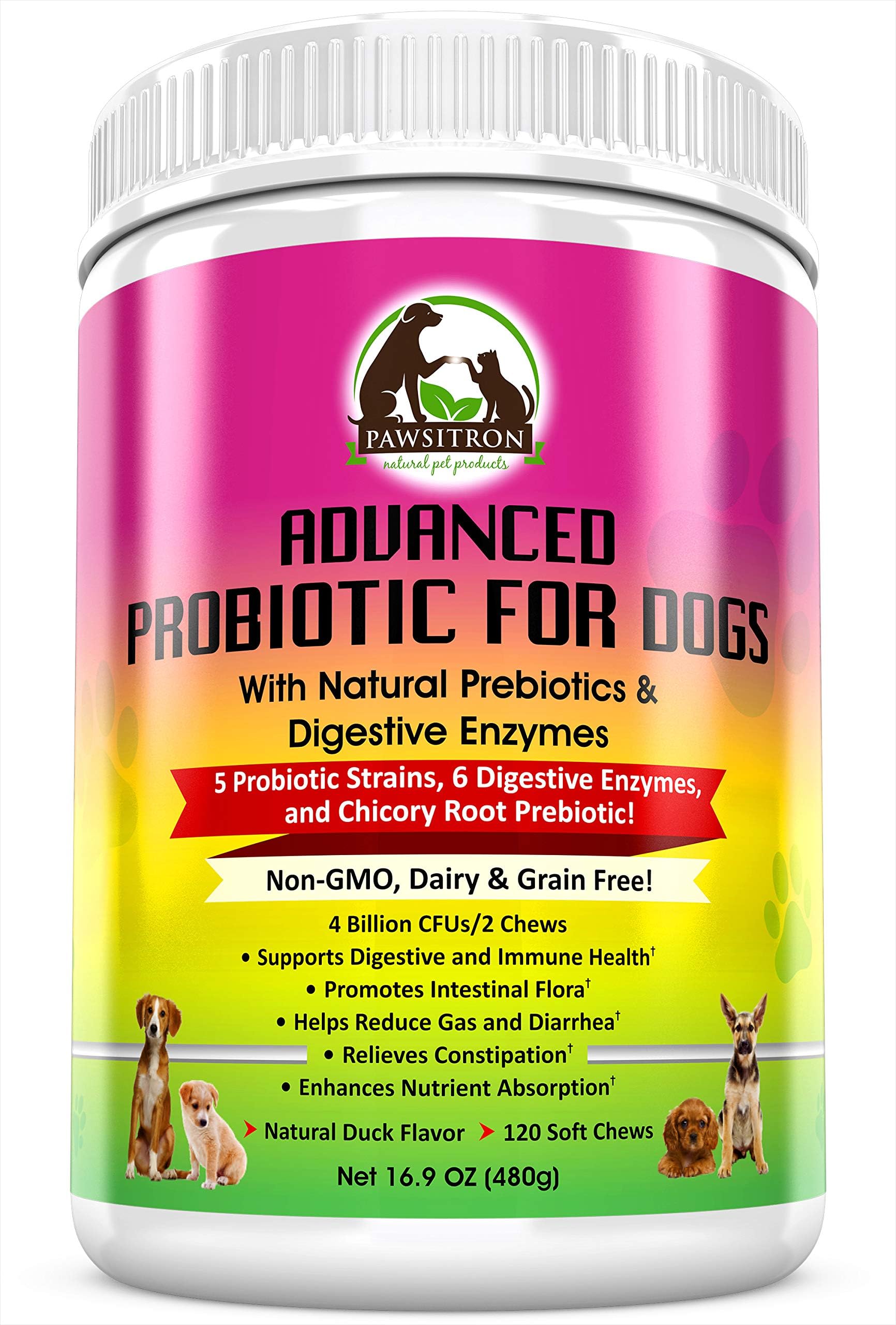Advanced Probiotics for Dogs with Prebiotics + Digestive Enzymes for Overall Wellness, Digestion, Bad Breath, Diarrhea Relief, Constipation - Healthy Dog Treats, Non GMO, Grain Free, 120 Soft Chews