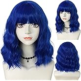 ANOGOL Hair Cap +14Inch Blue Wig Short Bob Wig With Bangs Wavy Synthetic Wig Dark Blue Wigs For Women Cosplay Wig Theme Party Shoulder Length Curled Wigs For Daily Use Halloween Costume