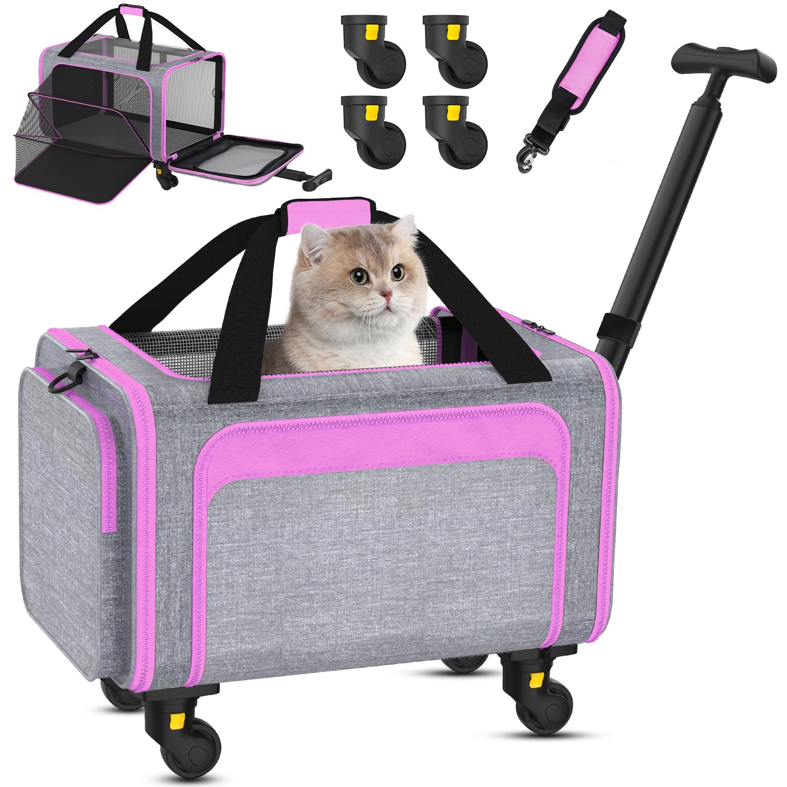 Photo 1 of 3-in-1 Pet Carrier with Wheels, 18" x 11" x 11" TSA Airline Approved, Cat Carrier on Wheels for Small Cats Up to 15Lbs, Rolling Pet Carrier, Cat Soft-Sided Bag for Flying, Travel & Vet(Not for Dogs)
