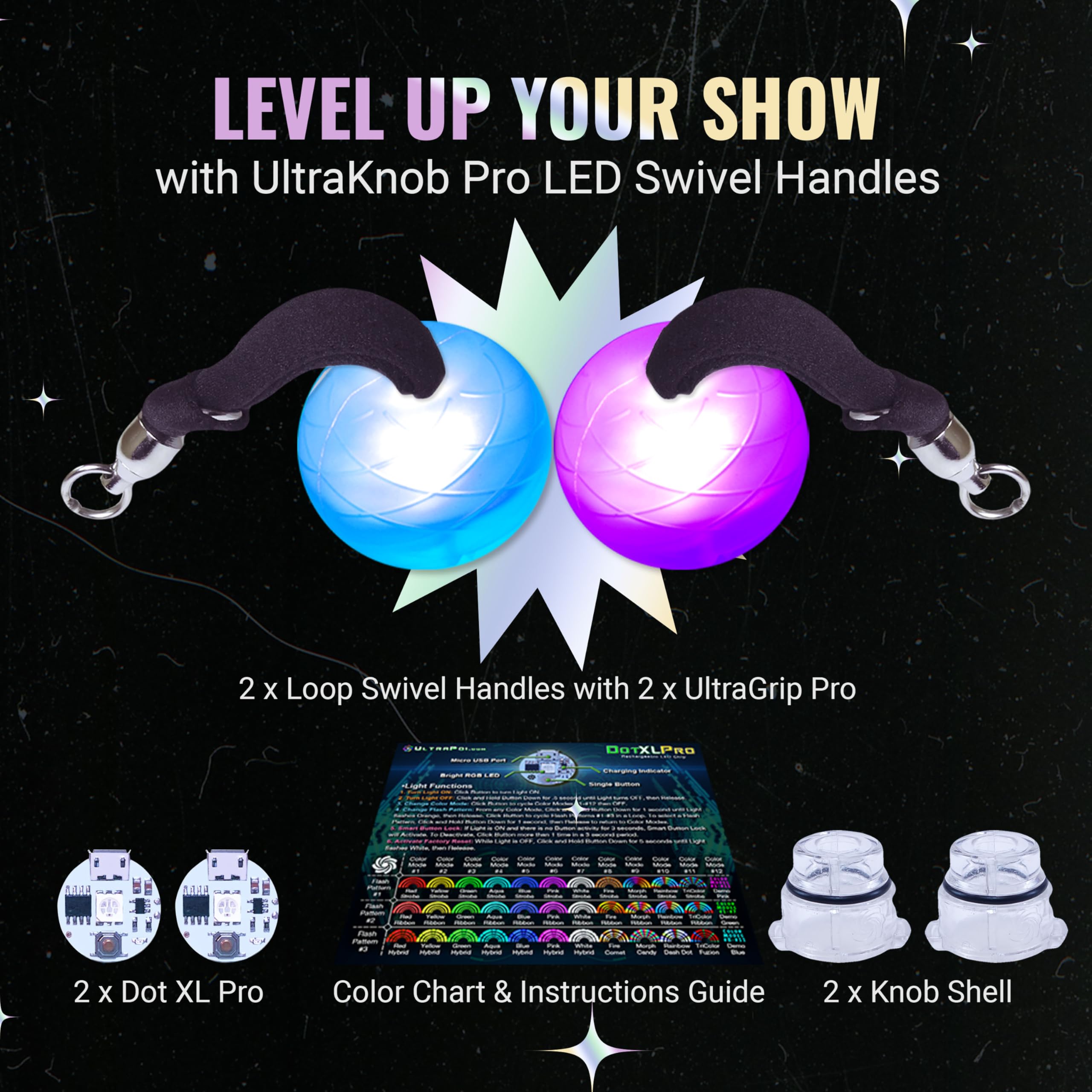 UltraPoi UltraKnob Pro Swivel Handles Set (Pair (2)) - Rechargeable Knob Handles for LED Poi Balls - Over 35 Rainbow Color Modes & Flashing Patterns - Silicone Knob for Poi, Flow Art & Light Spinning