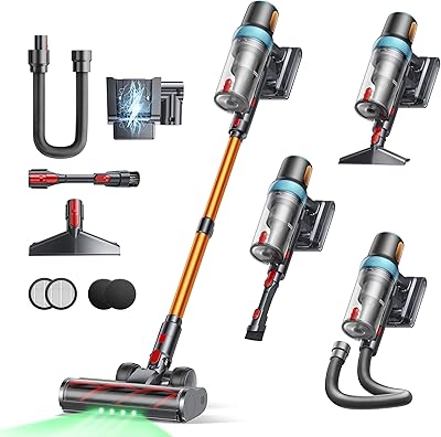 Akku Staubsauger 50KPA/600W/65Min,Selbststehender Staubsauger Kabellos mit 1M Ausziehbarer Schlauch,Wandladestation,Automatikmodus,Anti-Tangle-Bürste,Mehrstufige Filtration für Teppiche/Hartböden/Auto