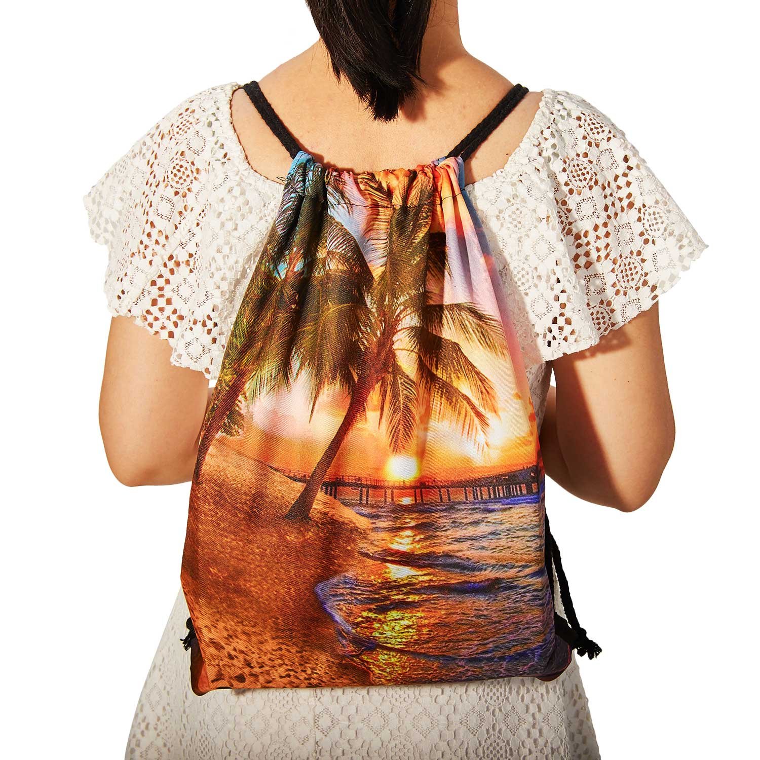 TUONROAD Travel Portable Travel Backpack Cute Cosmetic Pouch Storage 3D Pattern Summer Vacation Beach Theme Sunset Palm Tree the Setting Sun Cool Cinch Bags Zipper Handy Cosmetic Pouch