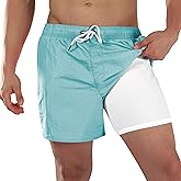 BRISIRA Mens Swim Trunks Neon 5" Bathing Suit Compression Liner Nylon Swim Shorts Beach Swimsuit Swimwear Quick Dry Pockets