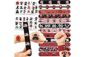 Fybnqlira 84PCS Ninja Party Favors Set – 24 Slap Bracelets & 61 Temporary Tattoos, Vibrant Ninja Decorations for Birthday Par