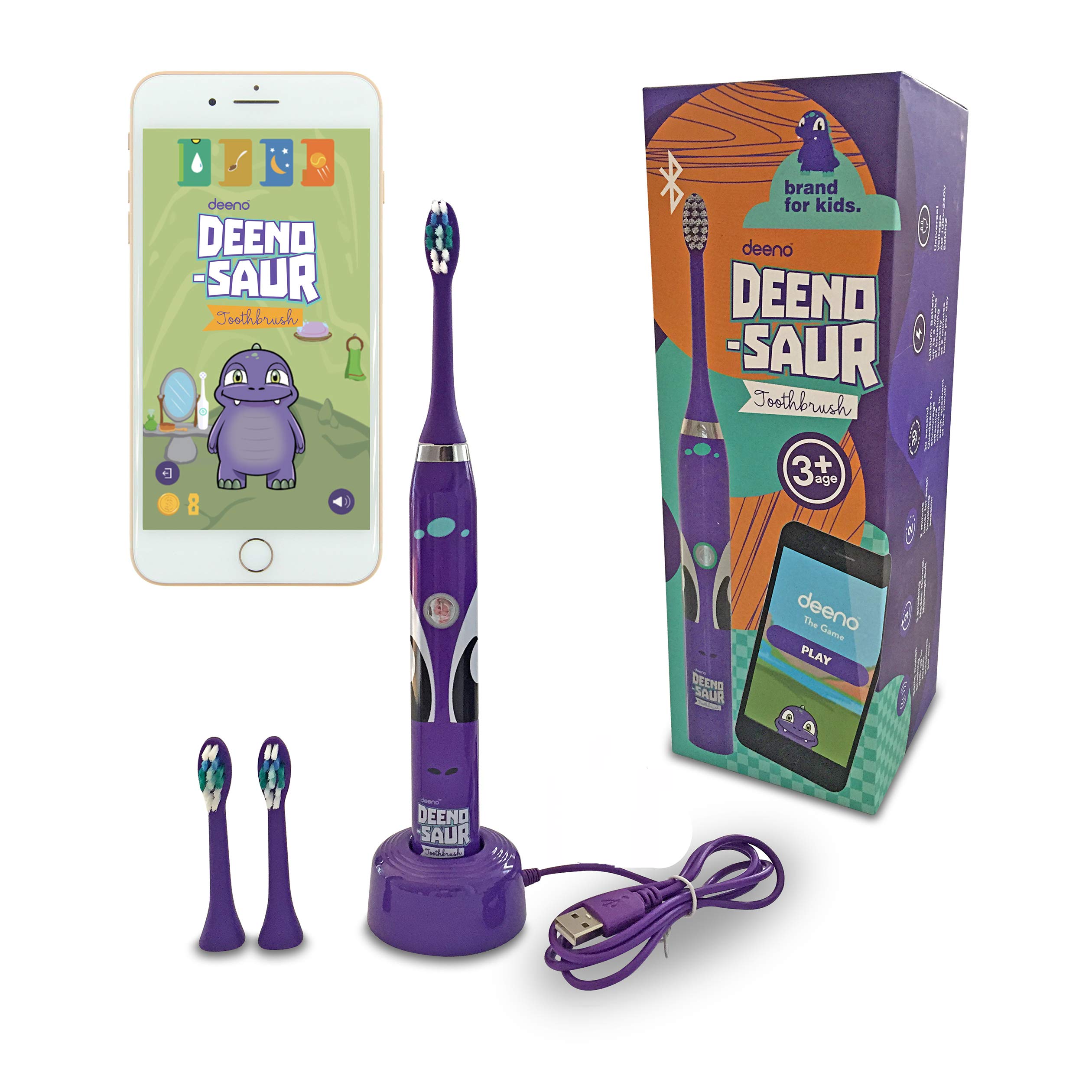 Deeno DEENO-Saur Rechargeable Electric Toothbrush Powered by Lithium Battery & USB charging | Purple Colour | Suitable for Ages 3+ Years | 5 Brushing Modes | Connect to Deeno App with Bluetooth (Available to download 5th Dec for Android & 16th Dec for iOS)