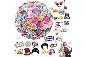 70s Disco Photo Booth Props Set 25PCS Retro Disco Party Photo Props with 55 Disco Ball Stickers for 1970s Theme Birthday Part