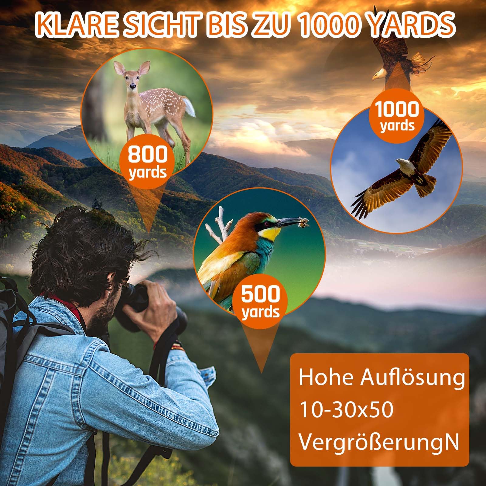 10–30x50 Zoom Fernglas für Erwachsene, HD Fernglas für Vogelbeobachtung, Reisen, Jagd, Konzerte mit großer Sicht, BAK4, FMC-Objektiv, klare Sicht bei schlechten 3