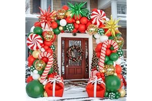 PUFFLD Christmas Balloons Garland Arch Kit, Red Green White Gold with Candy Cane Gift Box Explosion Star Foil Balloons for Christmas New Year Candies Xmas Theme Party Decorations...
