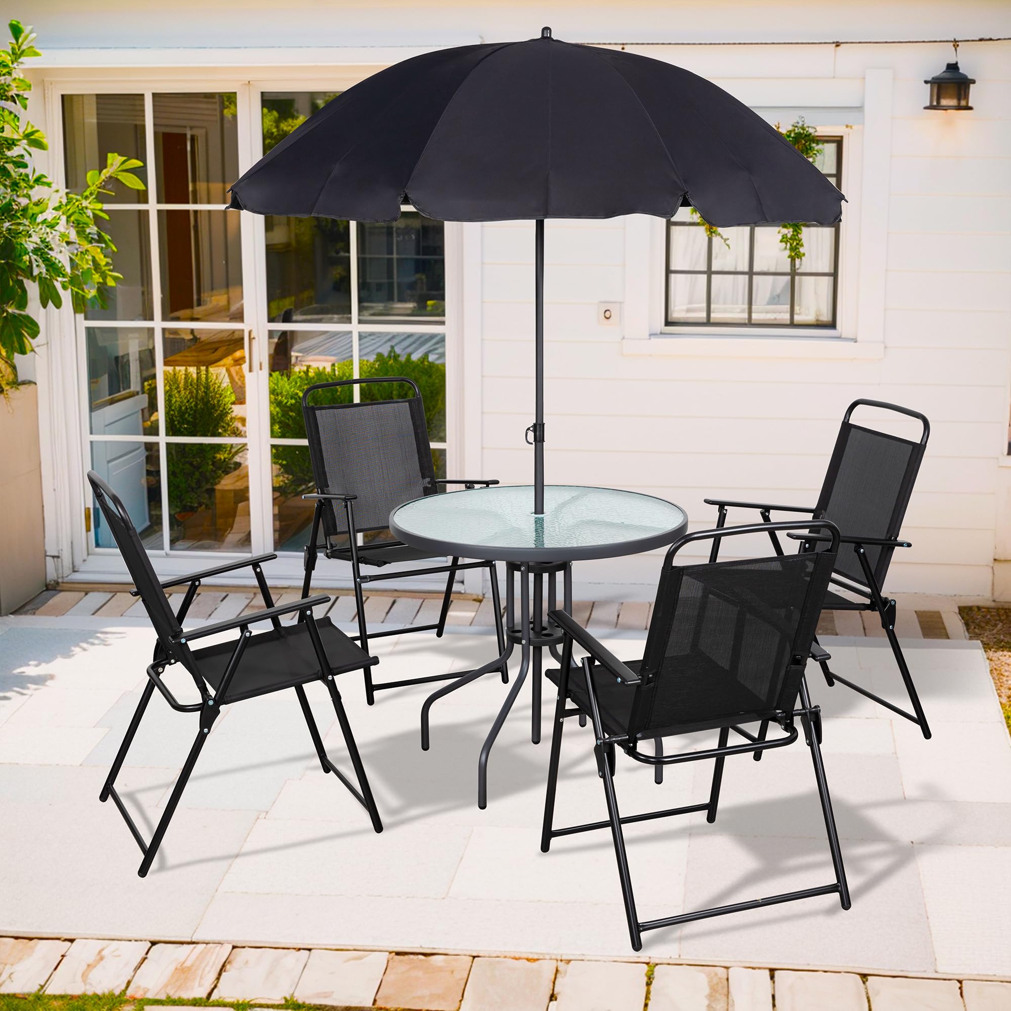 Photo 1 of **SELLING FOR PARTS. GLASS ON TABLE IS BROKEN**Shintenchi 6 Piece Patio Dining Set with Umbrella, Outdoor Furniture Set with 4 Folding Chairs and Tempered Glass Top Dining Table fot Lawn Backyard Garden Porch Black