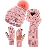Womens Winter Beanie Scarf Gloves Set, Pom Pom Hat with Warm Fleece Lined Long Knit Scarf Touchscreen Gloves for Cold Weather
