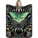 Miyotaa Moth Witchy Gothic Blanket 50Wx60H Inch Moon Phase Teal Wildflower Plant Mysterious Night Moonlit Butterfly Botanical Gift Warm Fuzzy Throw Blanket for Sofa Bed Throws Birthday Presents