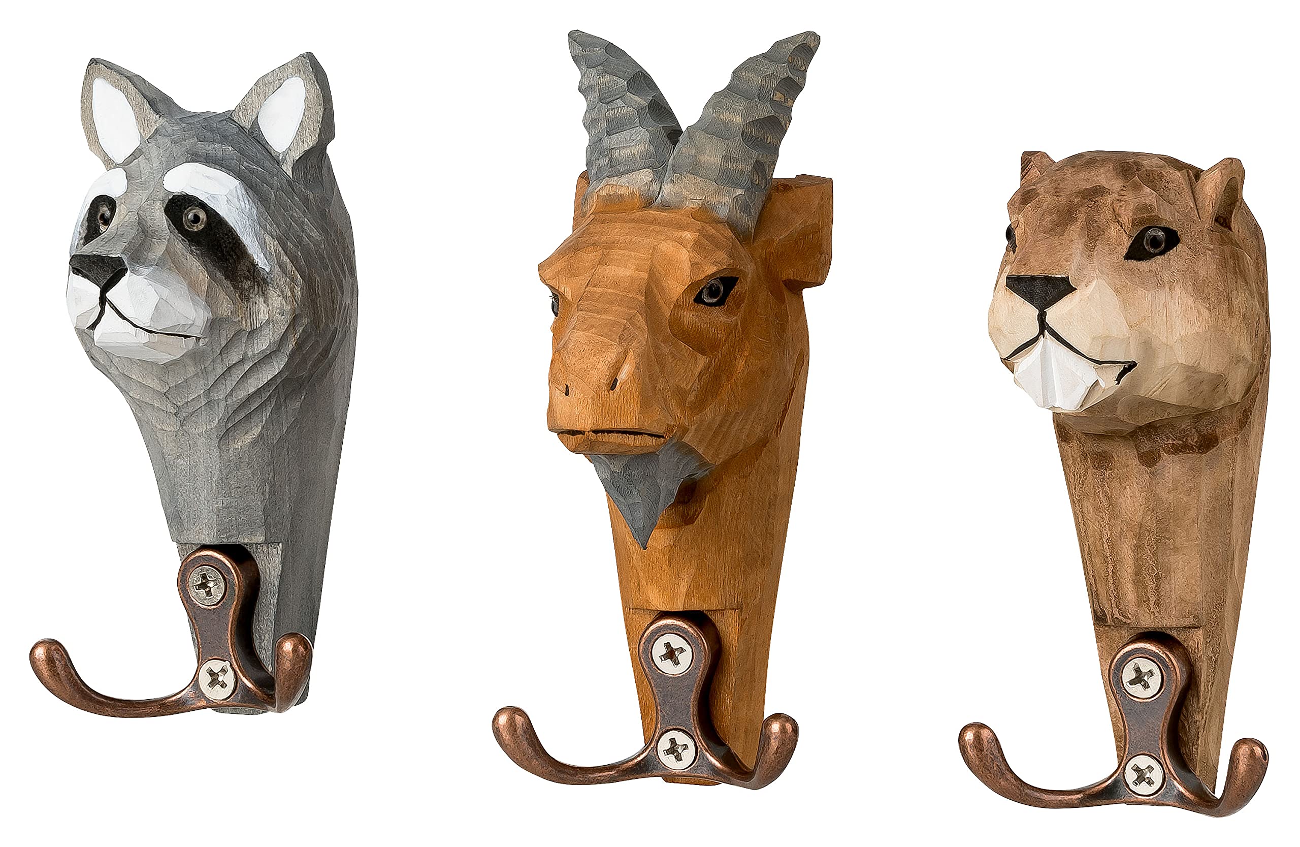 your castle Wall Hooks, Animal Heads with 2 Hooks Each, Wooden Coat Hooks, Set of 3: Billy Goat, Marmot, Raccoon, 11 x 6 cm — image 1
