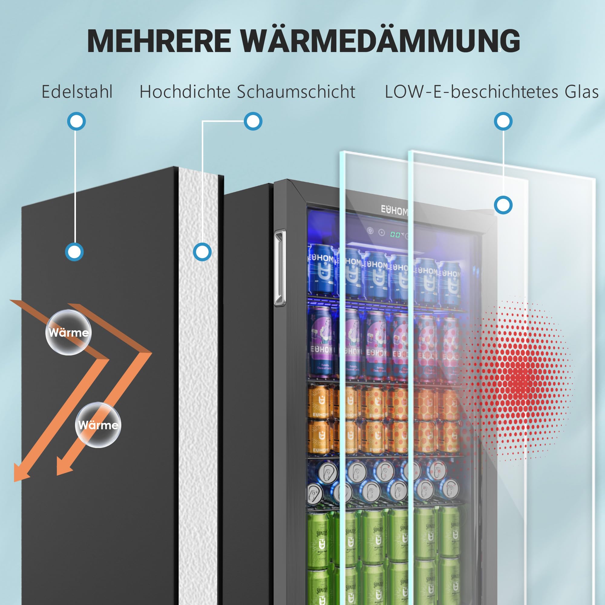 EUHOMY 90L Getränkekühlschrank, Mini-Kühlschrank für 126 Dosen mit Glastür, kleiner Kühlschrank mit verstellbaren Regalen für Limonade, Bier oder Wein, für Zuhause/Bar/Büro, Schwarz Edelstahl 5