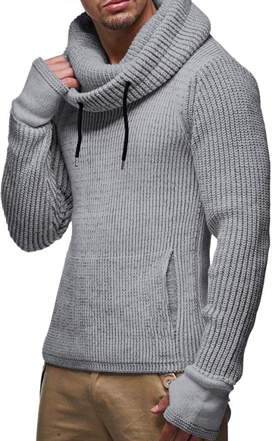 JINIDU Men's Knitted Cotton Pullover Hoodie Long Sleeve Turtleneck Sweater: Clothing