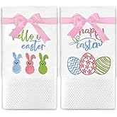 Whaline 2Pcs Easter Hand Towels Cotton Embroidered Colorful Eggs Bunny Bathroom Towel with Pink Ribbon Spring Rabbit Dish Towel for Hand Drying Cleaning Cooking Gift