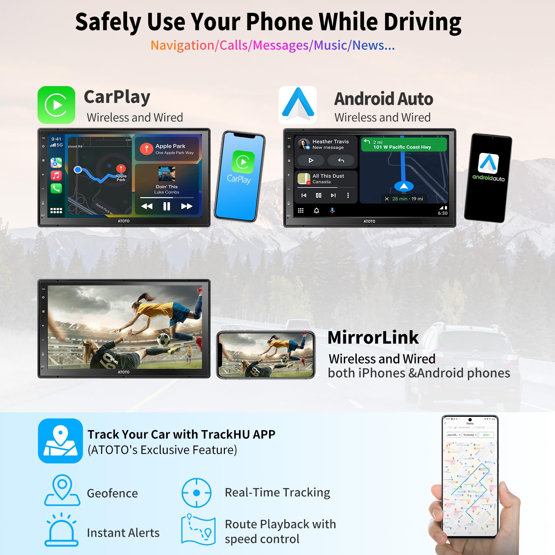 ATOTO A6 7inch Double DIN Android Car Stereo 1280 * 720 QLED Touchscreen, Wireless CarPlay & Wireless Android Auto, 4G+64G, Dual Bluetooth, MirrorLink, GPS Tracking, WiFi/BT/USB Tethering, A6G2C7PP