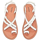 Veittes Women's Fashion Casual Flat Sandals, Solid Color, Round Toe, with Braided Ankle Strap, Buckle Closure,lightweight Rubber Sole, Beach Toe Ring Thong Summer Sandals