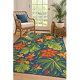 Couristan Covington Outdoor Area Rug - Tropical Orchid 5'6" x 8' in Azure Blue, Forest Green and Red, Durable, Hose Washable,