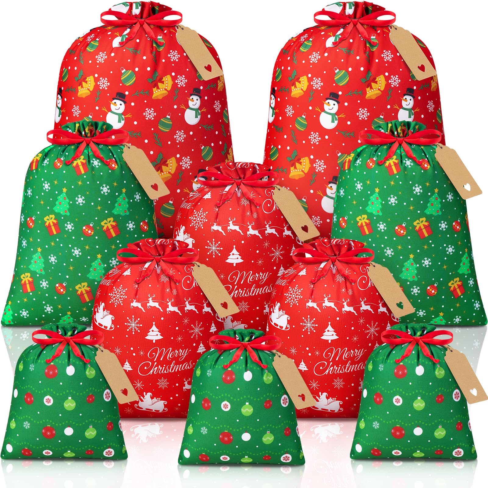 Photo 1 of 10 PCS Christmas Drawstring Gift Bags with Tags, Xmas Gift Bags Assorted Sizes Bulk, Large Medium Small Holiday Gift Bag Cotton Fabric Gift Wrapping Bag for Christmas Presents Party Favor Goody Sack