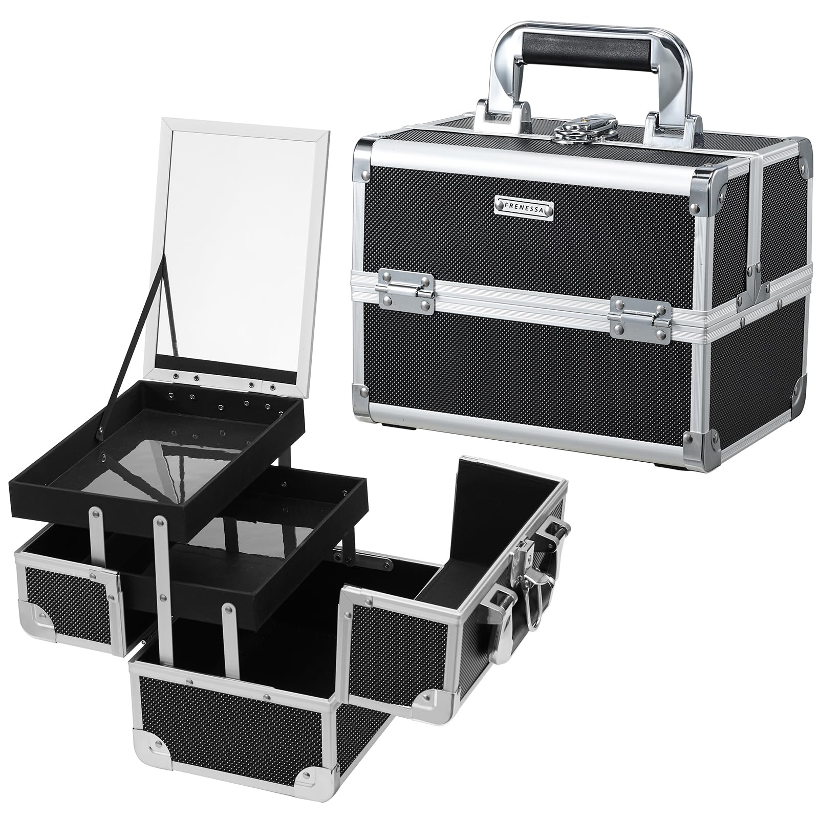 Photo 1 of FRENESSA Makeup Case Organizer Cosmetic Box Storage Portable Makeup Train Case with Mirror 2 Trays Travel Vanity Box for Cosmetics Nail Kits Craft Tools Case Aluminum Hard Make Up Organizer Black