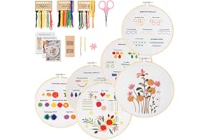 KINTKITA 6 Sets Embroidery Kit for Beginners to Learn 28 Basic Embroidery Cross Stitch Practice Kit,DIY Hand Embroidery Kits Includes Stamped Flower Pattern, Hoop, Color Threads,Tools