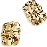JeanBeau Chunky Gold Large Geometric Textured Stud Earrings for Women, Trendy Statement Irregular Square Lightweight Hypoallergenic Earing Prom Fashion Jewelry Gift