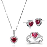 MORGAN & PAIGE .925 Sterling Silver Gemstones and White Sapphire Halo Heart Pendant Necklace, Ring and Stud Earrings for Women Set - Birthstone Jewelry Sets for Women, 18in Cable Chain, Size 7 Ring