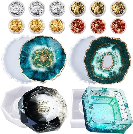 Amazon De Untersetzer Formen Fur Harzguss Mit Goldfolienflocken 2 Silikonformen Fur Geoden 2 Schachteln Aus Kunstharz Hohle Achat Untersetzer Epoxid Formen Fur Heimdekoration