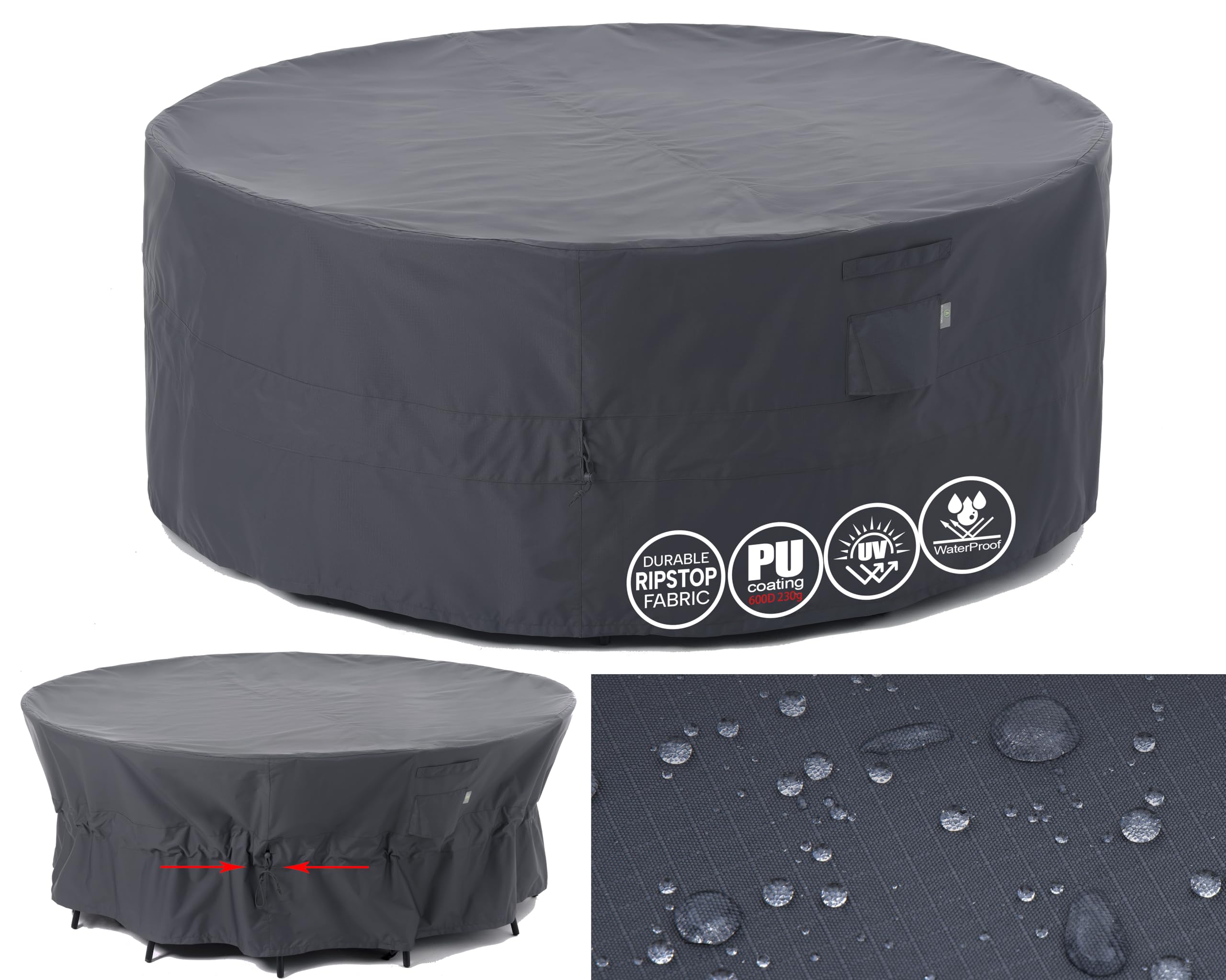 F&J Outdoors Garden Furniture Covers Waterproof Outdoor Table Cover Heavy Duty Tear Resistant Cinched Waist Windproof Round Garden Furniture Cover, Grey, 213x79cm