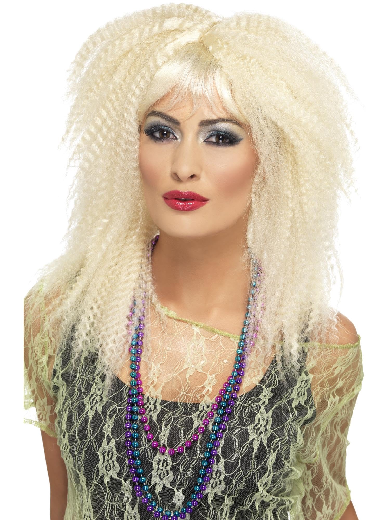 Smiffys 80s Trademark Crimp Wig, Blonde Layered, Long, with Fringe, 1980's Fancy Dress, 1980s Dress Up Wigs Halloween