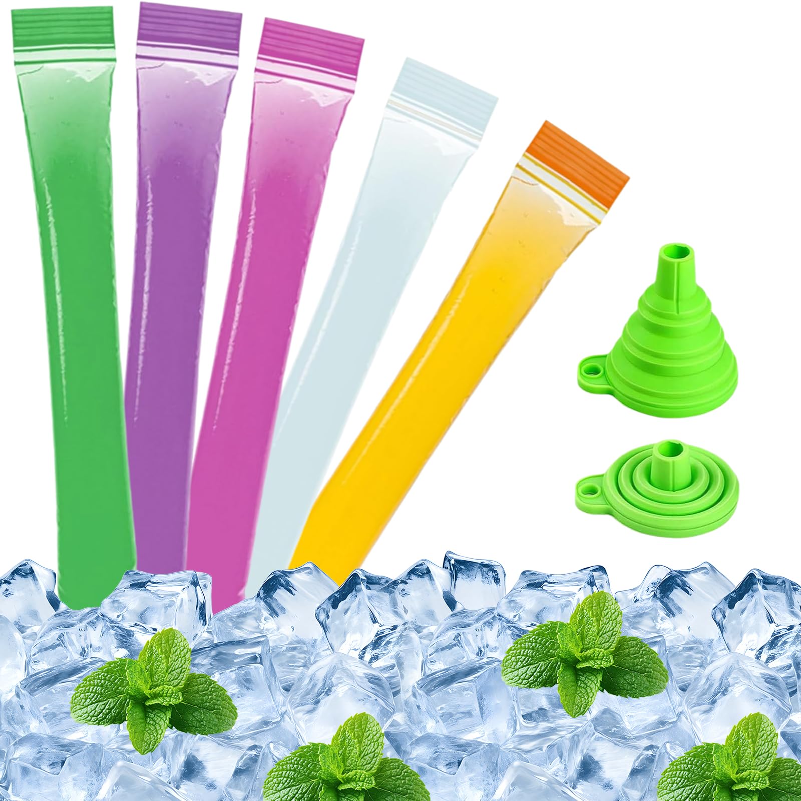 Photo 1 of 100 Pcs Ice Popsicle Bags with funnels,Multicolor Transparent Stackable Easy Release Plastic Ice Bags, Self-Seal Freezing Maker,Suitable for making popsicles of various flavors