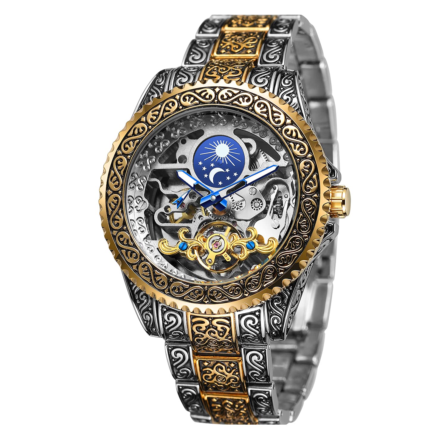 FORSINING Men's Automatic Wind Watch with Skeleton Pattern and Automatic Engraving - Gold/Silver Mechanical Watch