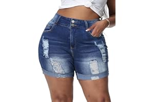 Gboomo Womens Plus Size Jean Shorts High Waisted Distressed Denim Shorts Casual Ripped Fold Hem Short Jeans