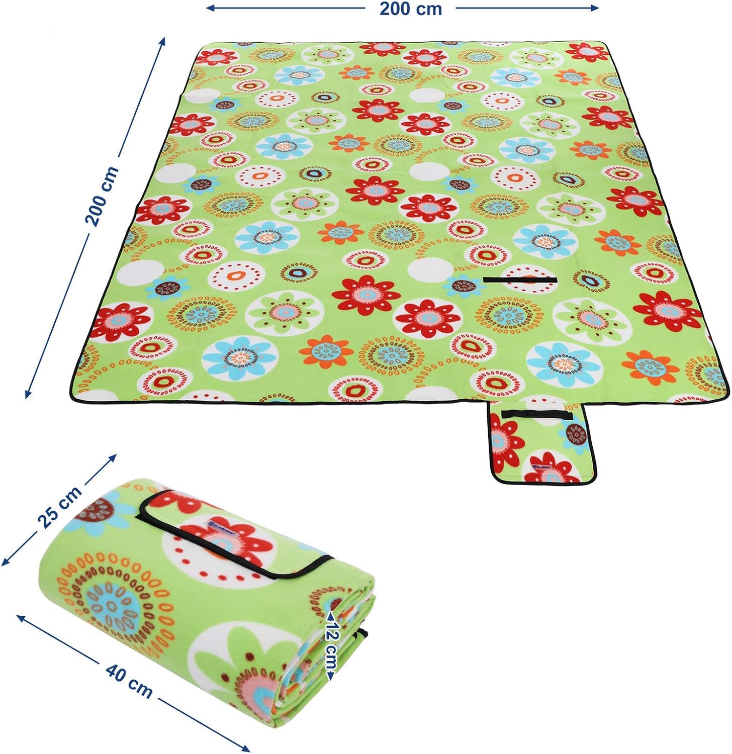 SONGMICS Unisex's XXL 200 x 200 cm Camping Picnic Blanket, Insulated, Waterproof, with Carrying Handle GCM71J, Flower Green - Image 4