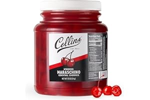 COLLINS CHICAGO Collins 72 oz Stemmed Maraschino Cherries, Bulk Cocktail Garnish for Mocktails, Desserts and Ice Cream Sundaes, Bright Red Cherries with Stems for Party Supply, Food Service & Bars, 4.5 Pound Jar