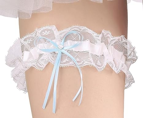 Amazon Com Merya Dress Lace Wedding Garter For Bride Stretch Crystal Prom Garter With Crystal Bow Detail Blue Ivory Clothing