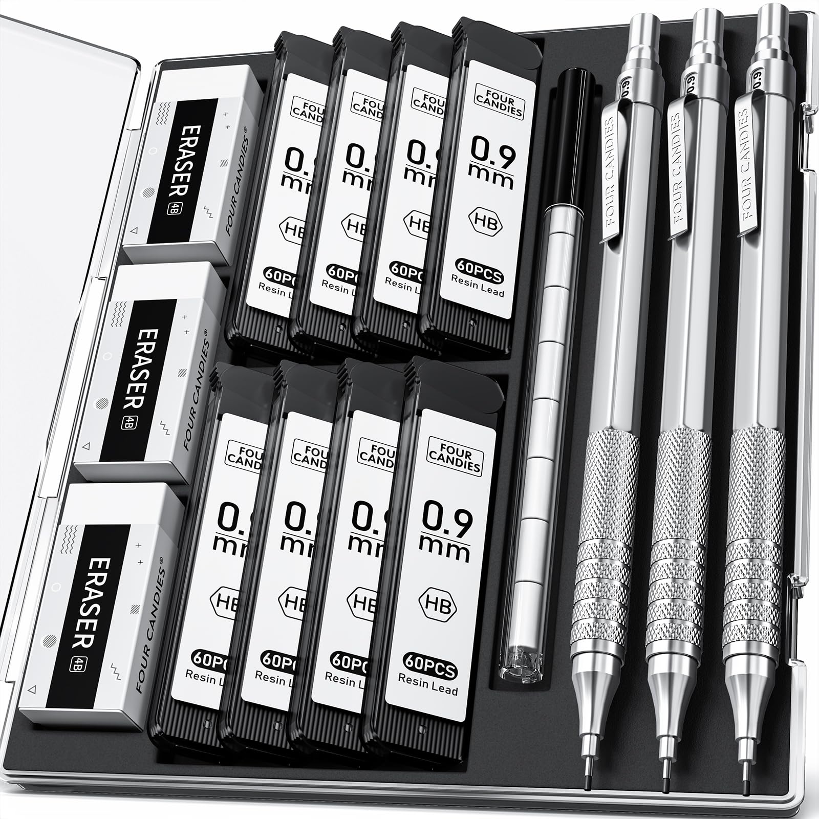 Four Candies 0.9mm Mechanical Pencil Set with Case, 3PCS Metal Artist Lead Pencil with 8 Tubes (480PCS) HB Lead Refills, 3 Erasers, 9 Eraser Refills For Engineer Art Writing Drawing Drafting, Silver