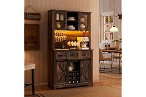 AMERLIFE 72'' Coffee Bar Wine Cabinet with Sliding Barn Door, Farmhouse Kitchen Sideboard, Buffet Storage Table, Wine Glass Racks, 3 Drawers, LED Lights, Tall Hutch Home Bar Dark Rustic Oak
