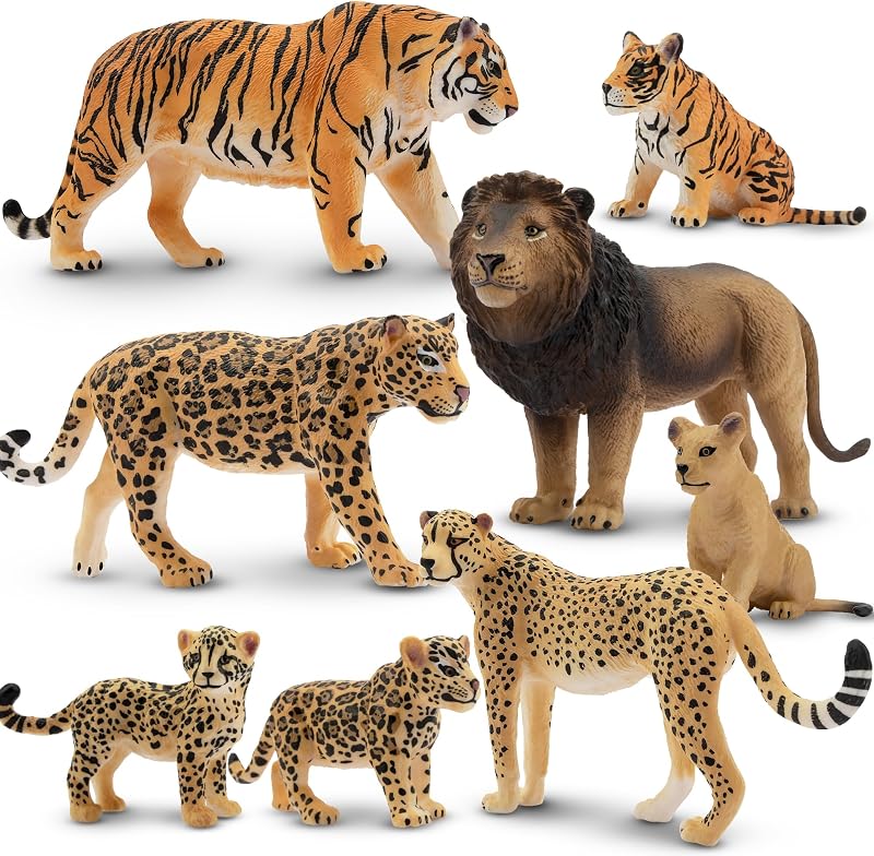 toymany 8pcs Safari Animals Playset Lion Tiger Cheetah Leopard Cubs