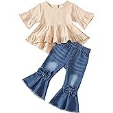 Kucnuzki Toddler Baby Girls Clothes Long Sleeve Shirt Top Flare Denim Jeans Cute Outfit Baby Girl Fall Winter Clothes