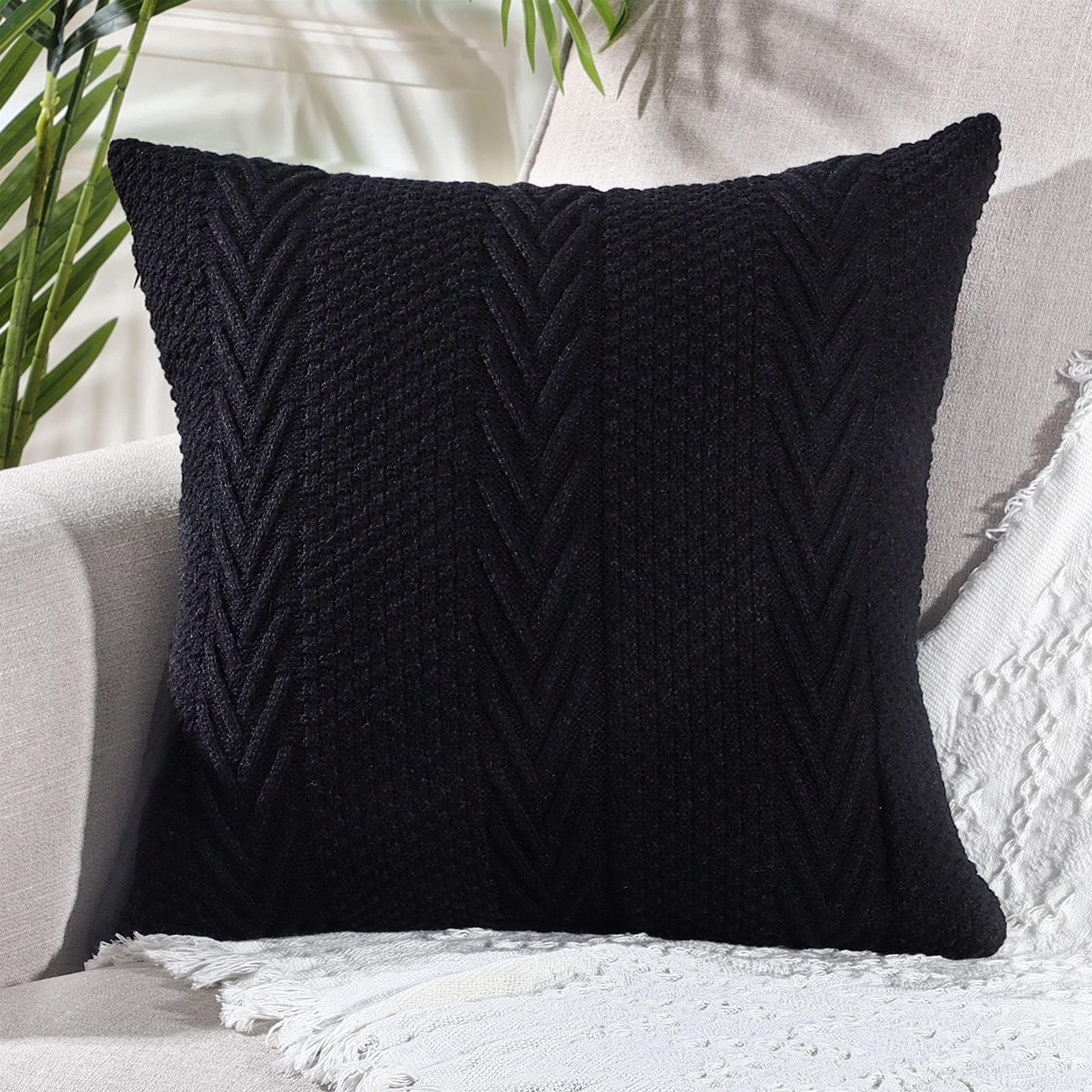 Mandioo Cotton Knitted Decorative Square Black Cushion Covers 45cm x 45cm 18x18 Inch Soft Cozy Outdoor Throw Pillow Cases Luxury Modern Pillowcases for Couch Sofa Bed Livingroom