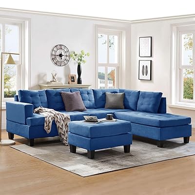 Harper & Bright Sectional Sofa with Chaise and Ottoman, Sea Blue