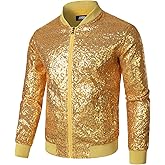 JOGAL Mens Sequins Nightclub Styles Zip up Varsity Baseball Bomber Jacket