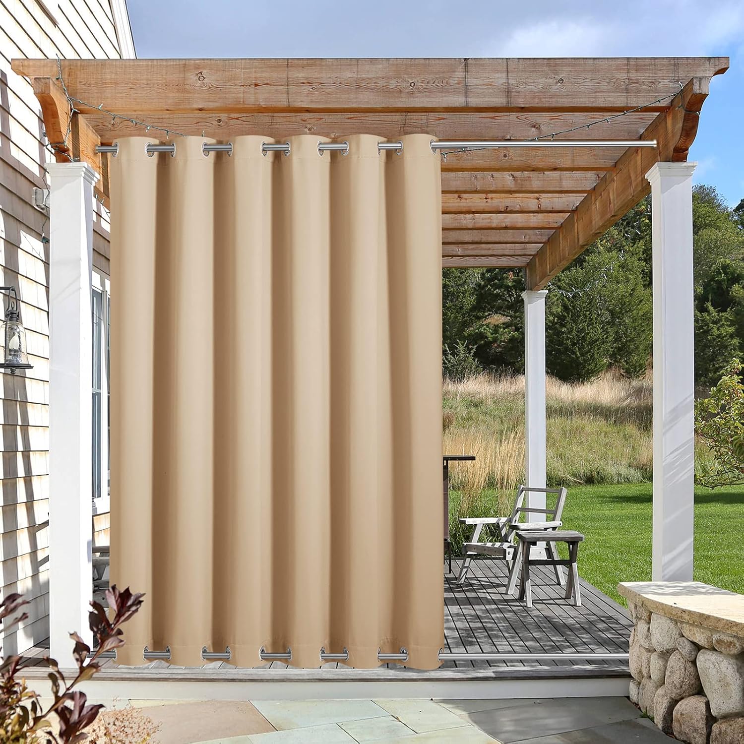 Outdoor Curtains - NICETOWN Outdoor Patio Curtain Windproof & Waterproof, Thermal Insulated Light Blocking Top & Bottom Grommets Drape, Windproof and Better Privacy for Porch, Biscotti Beige, W84 x L84, 1 Panel