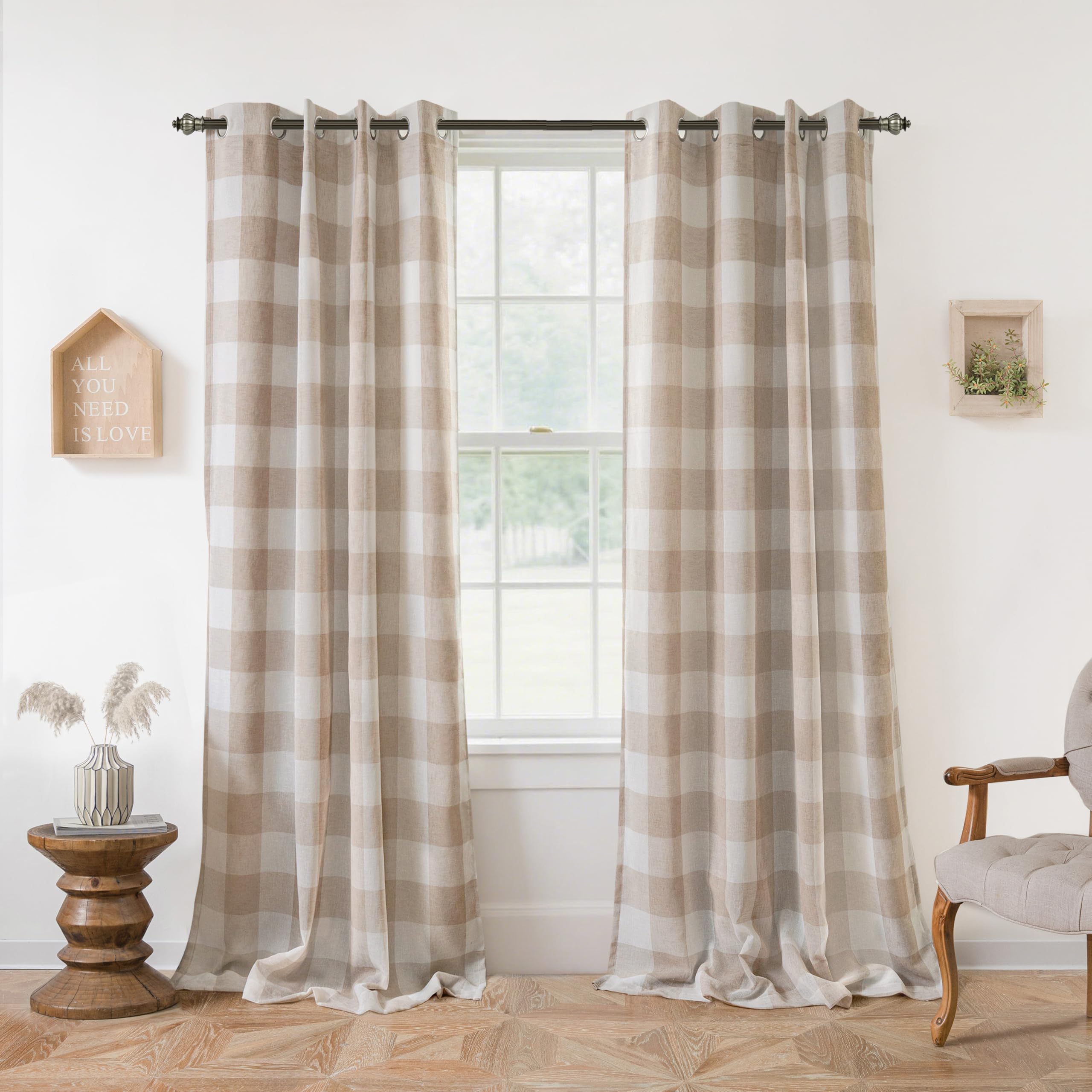 DriftAway Buffalo Check Woven Plaid Pattern Lined (Black) out Thermal Insulated Window Curtain Grommet 2 Layers 2 Panels 52 Inch by 84 Inch (Taupe)