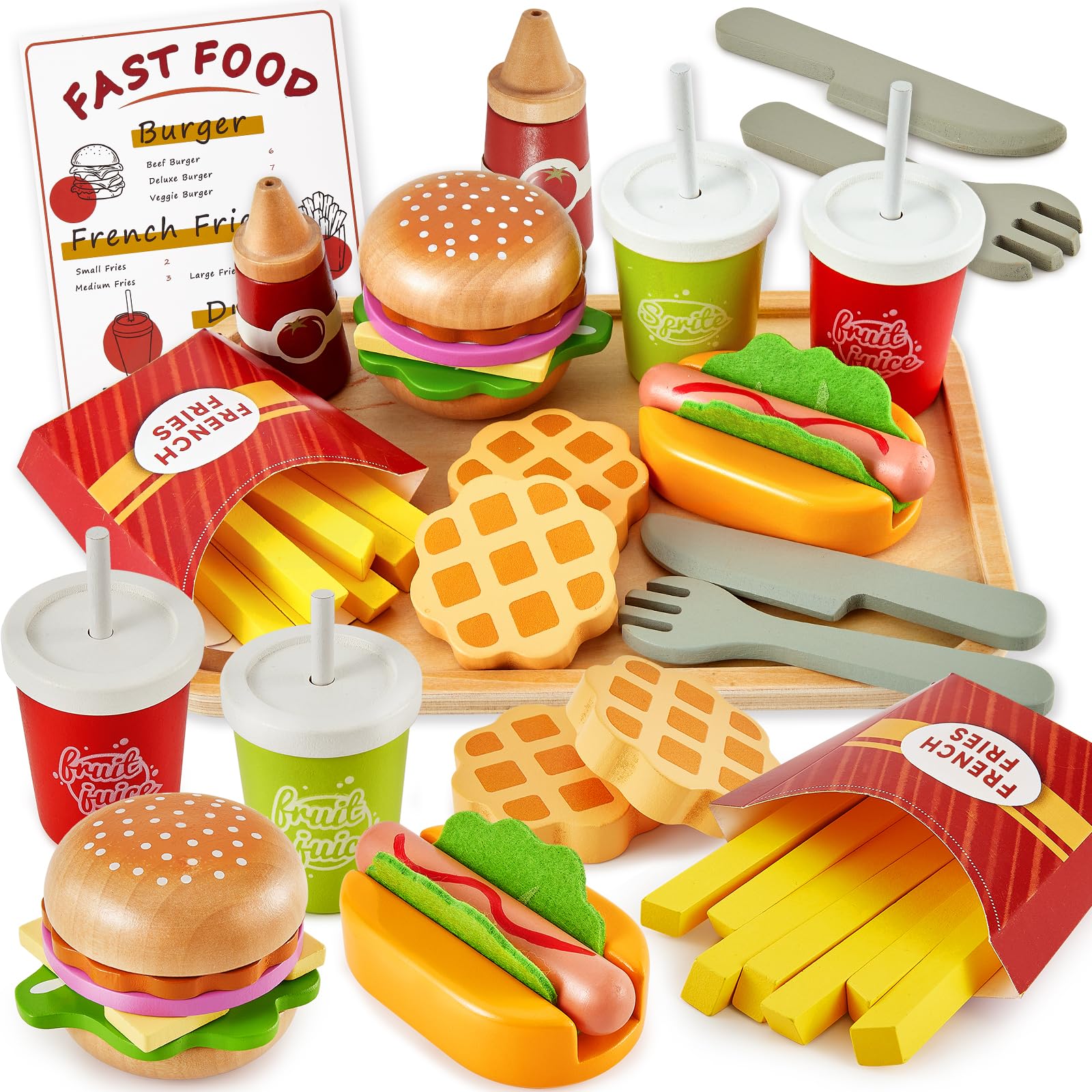BUYGER Wooden Play Fast Food Set for Children Kids 3 4 5 Years Old, Burger Toy Play Kitchen Accessories Pretend Role Play Toys Gifts