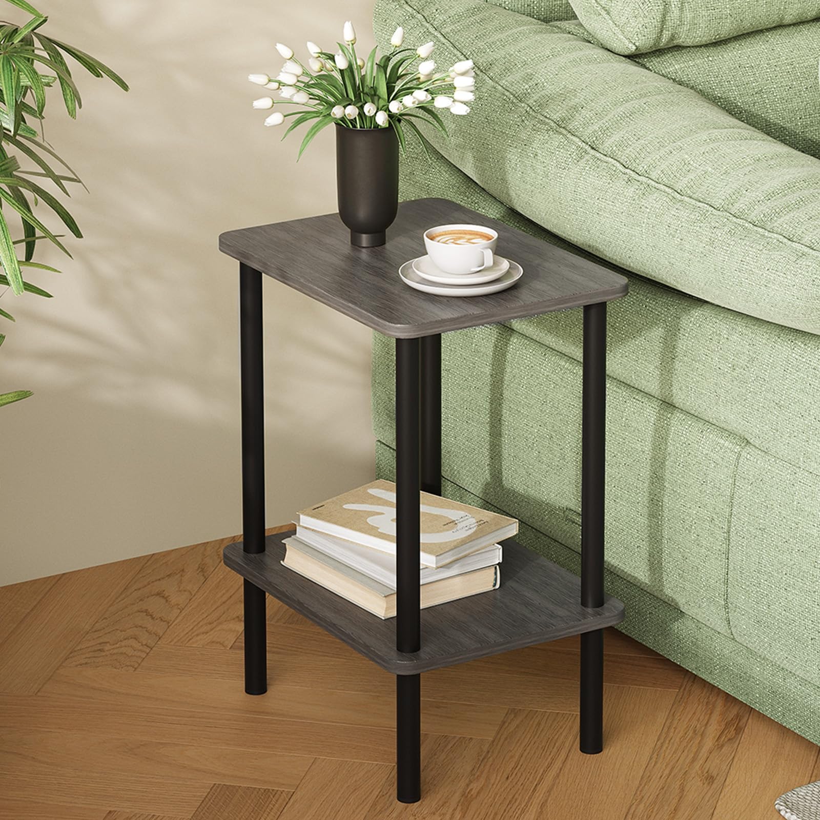 APICIZON 2 Tier Side Table, Narrow End Table with Storage Shelf, Bedside Table Nightstand for Small Spaces, Bedroom, Living Room, Entryway, Farmhouse, No-Tool Assembly, Grey