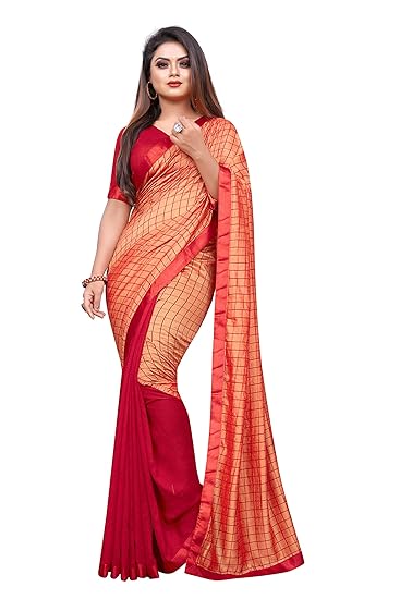 Market Magic World Womens Chex Vichitra Silk Half and Half Saree With Blouse Piece